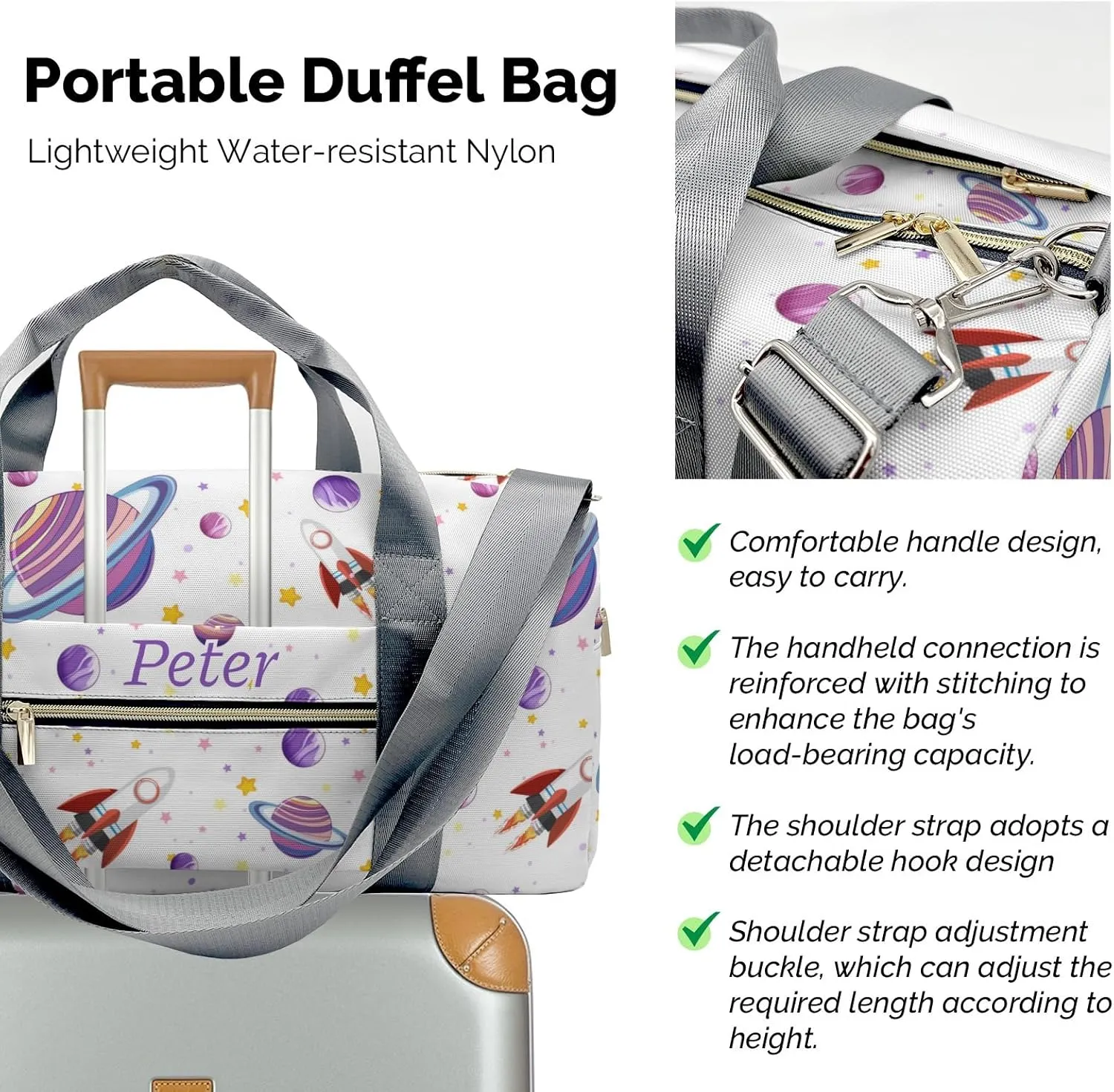 Purple Planet Space Rocket Personalized Duffel Bag with Name Custom Travel Bag for Woman Men Sports Gym Dance Bags Wet Dry Pockets Shoes Compartment Overnight Weekend Bag