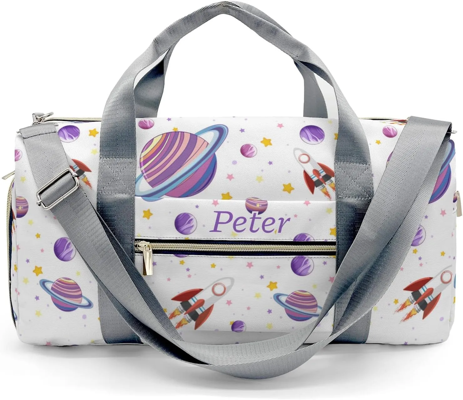 Purple Planet Space Rocket Personalized Duffel Bag with Name Custom Travel Bag for Woman Men Sports Gym Dance Bags Wet Dry Pockets Shoes Compartment Overnight Weekend Bag
