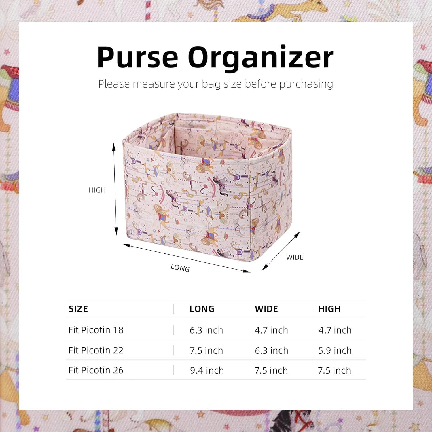 Purse Organizer Insert, unique pattern Bag organizer, bag in bag for luxury bags, fit Picotin 18/22 bags (PC18, Circus(Pink))