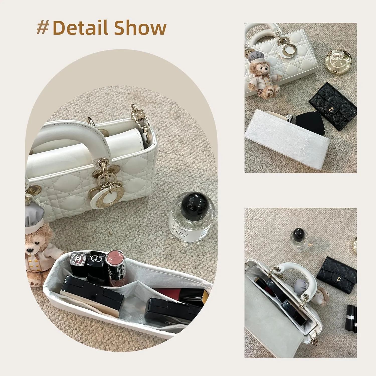 Purse Organizer Insert, unique pattern Bag organizer Liner, Backpack Organiser Insert, Bag Tote Shaper fit Dior Lady D-Joy (Small,White)