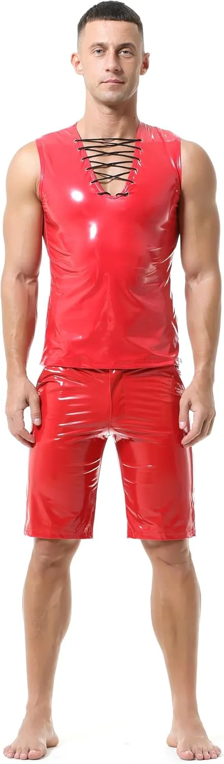 QiaTi Men's Faux Leather Undershirt Wetlook Tank Top Shirt Chest Lace Up Sleeveless Vest Sport Muscle for Men