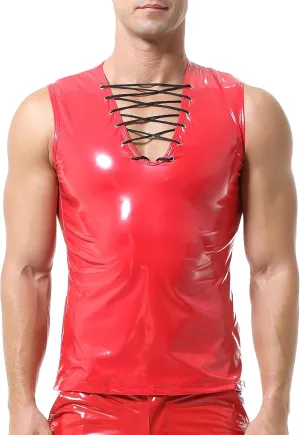 QiaTi Men's Faux Leather Undershirt Wetlook Tank Top Shirt Chest Lace Up Sleeveless Vest Sport Muscle for Men