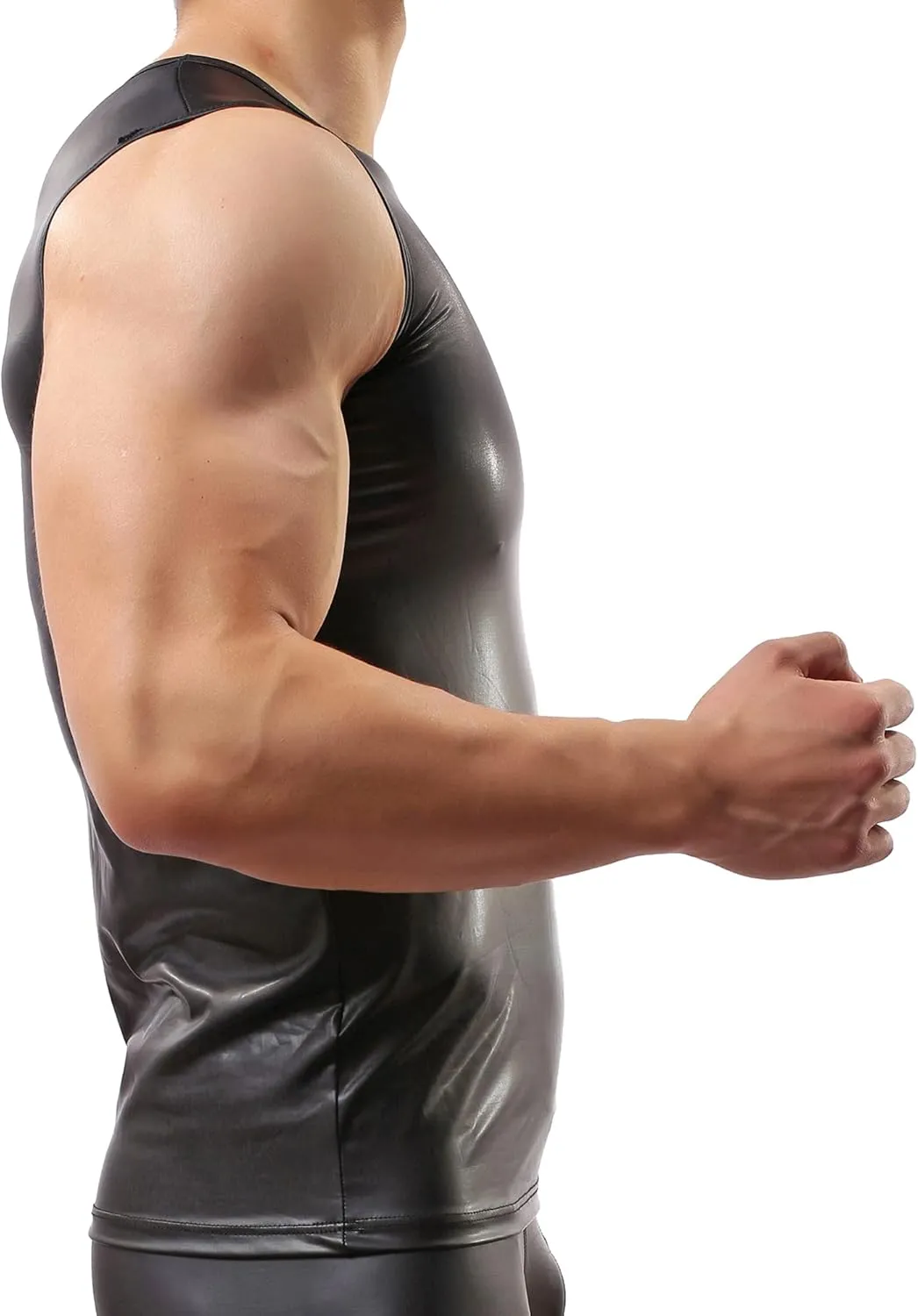 QiaTi Men's Undershirt Faux Leather Wetlook Shirt Muscle Fit Athletic Tank Top T-Shirts