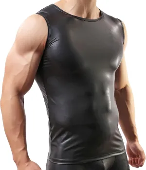 QiaTi Men's Undershirt Faux Leather Wetlook Shirt Muscle Fit Athletic Tank Top T-Shirts
