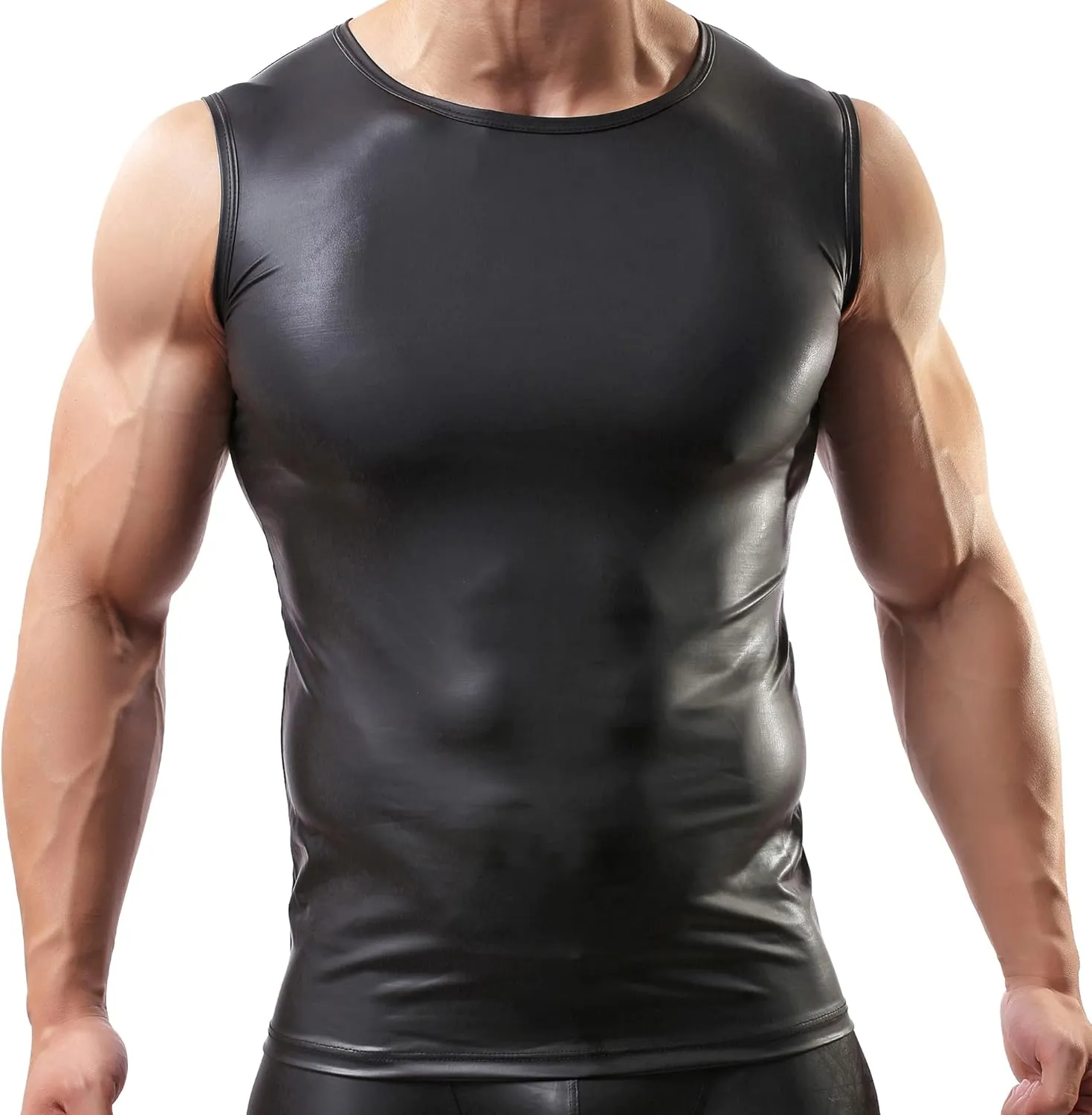 QiaTi Men's Undershirt Faux Leather Wetlook Shirt Muscle Fit Athletic Tank Top T-Shirts