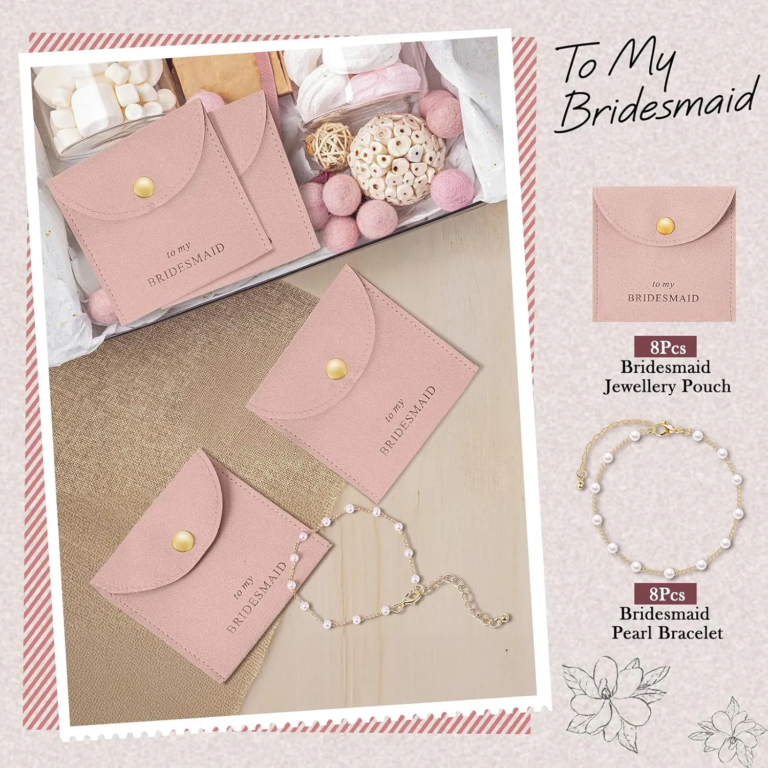 Quelay 16 Pcs Jewelry Bridesmaid Gift Pearl Bracelet Microfiber Jewelry Bag Pouch Set of 8 Jewelry Packaging bag Bridesmaid Proposal Favor for Wedding Bridal Birthday Party(Pink,Button)
