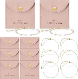 Quelay 16 Pcs Jewelry Bridesmaid Gift Pearl Bracelet Microfiber Jewelry Bag Pouch Set of 8 Jewelry Packaging bag Bridesmaid Proposal Favor for Wedding Bridal Birthday Party(Pink,Button)