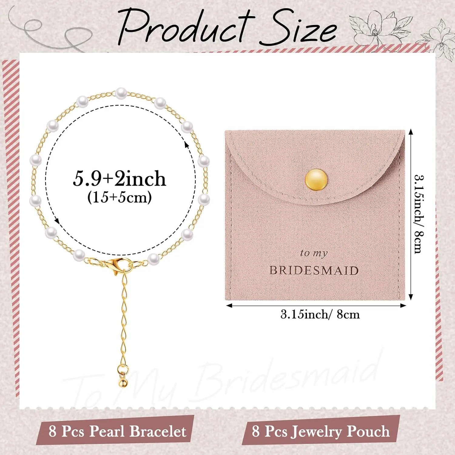 Quelay 16 Pcs Jewelry Bridesmaid Gift Pearl Bracelet Microfiber Jewelry Bag Pouch Set of 8 Jewelry Packaging bag Bridesmaid Proposal Favor for Wedding Bridal Birthday Party(Pink,Button)