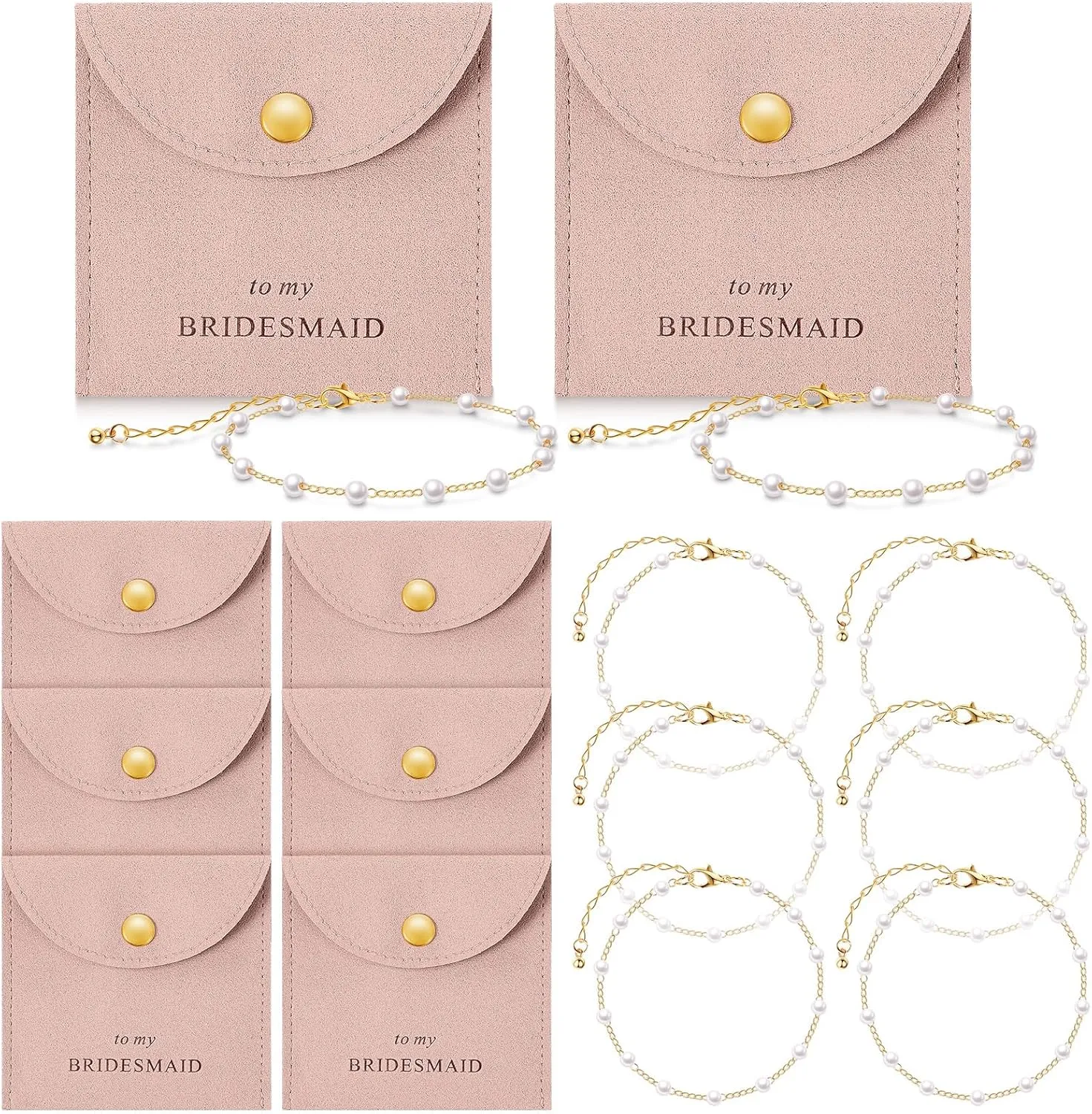 Quelay 16 Pcs Jewelry Bridesmaid Gift Pearl Bracelet Microfiber Jewelry Bag Pouch Set of 8 Jewelry Packaging bag Bridesmaid Proposal Favor for Wedding Bridal Birthday Party(Pink,Button)