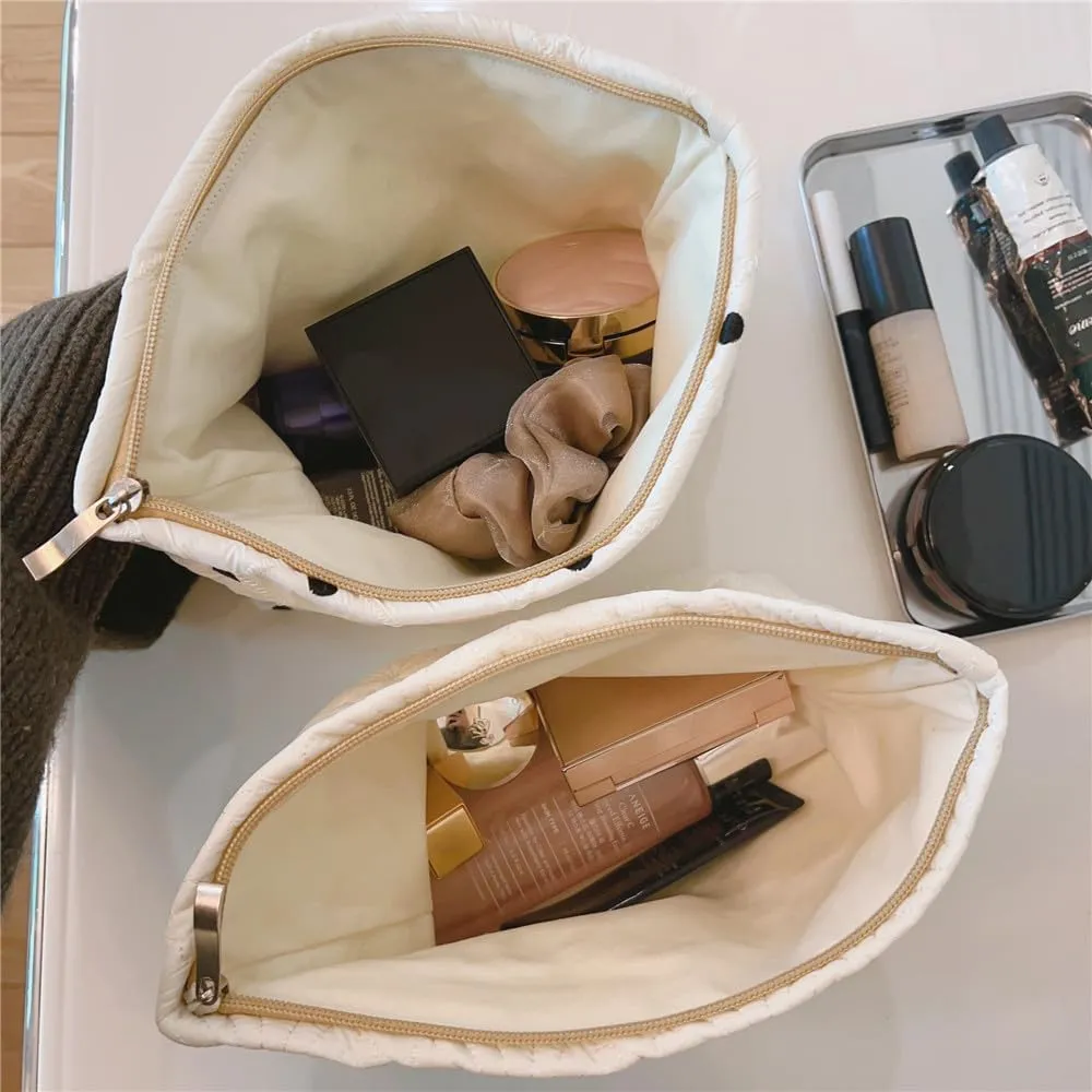Quilted Cotton Coquette Makeup bag, Coastal Granddaughter Aesthetic Cosmetic Bag, Cute Seashell Portable Travel Toiletry Pouch (01White)