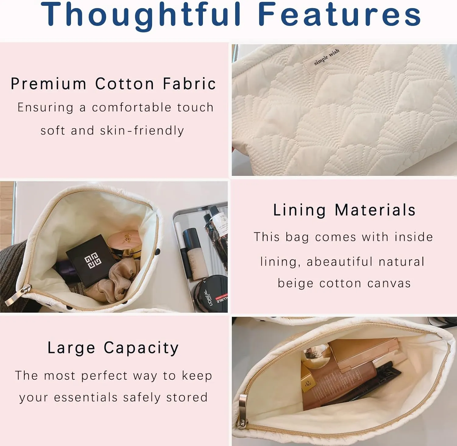 Quilted Cotton Coquette Makeup bag, Coastal Granddaughter Aesthetic Cosmetic Bag, Cute Seashell Portable Travel Toiletry Pouch (01White)