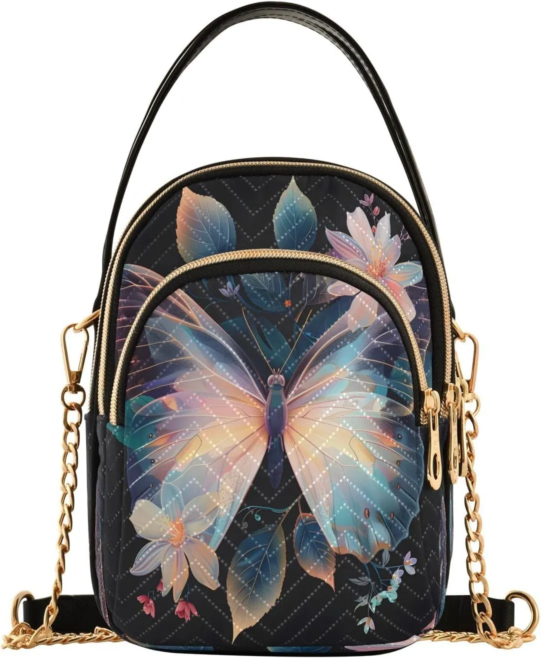 Quilted Crossbody Bags for Women,Butterfly Surrounded by Floating Spring Leaves Women's Crossbody Handbags Small Travel Purses Phone Bag