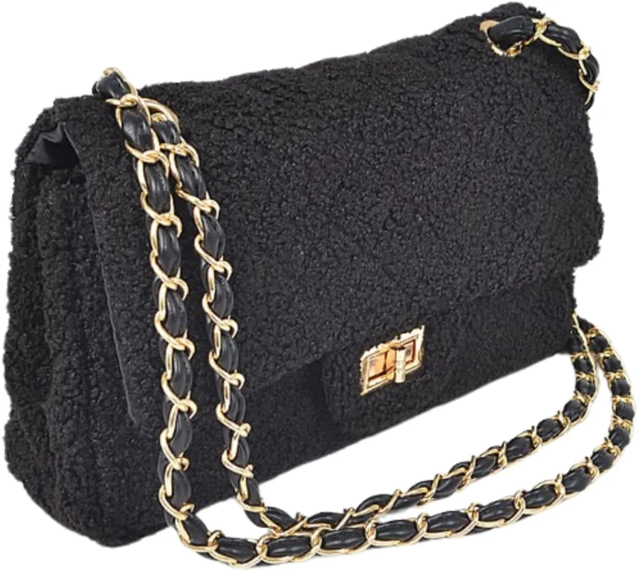 Quilted Faux Fur Shoulder Bag for Women Crossbody Bag Gold Chain Strap Flap Closure Soft Plush Texture Evening Bag