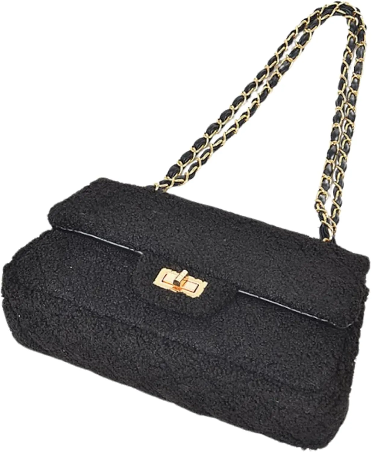 Quilted Faux Fur Shoulder Bag for Women Crossbody Bag Gold Chain Strap Flap Closure Soft Plush Texture Evening Bag