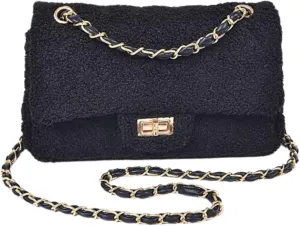 Quilted Faux Fur Shoulder Bag for Women Crossbody Bag Gold Chain Strap Flap Closure Soft Plush Texture Evening Bag