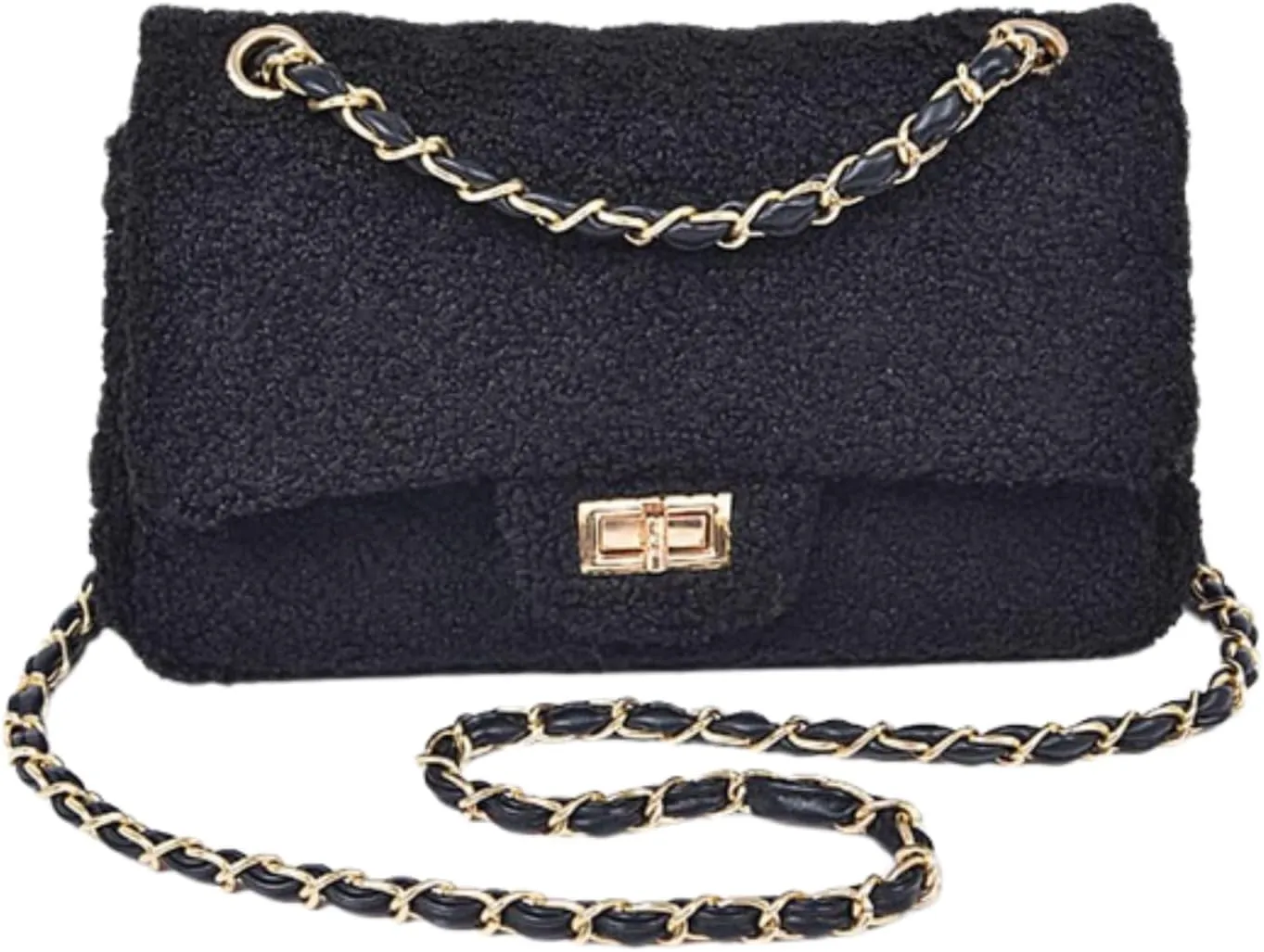 Quilted Faux Fur Shoulder Bag for Women Crossbody Bag Gold Chain Strap Flap Closure Soft Plush Texture Evening Bag