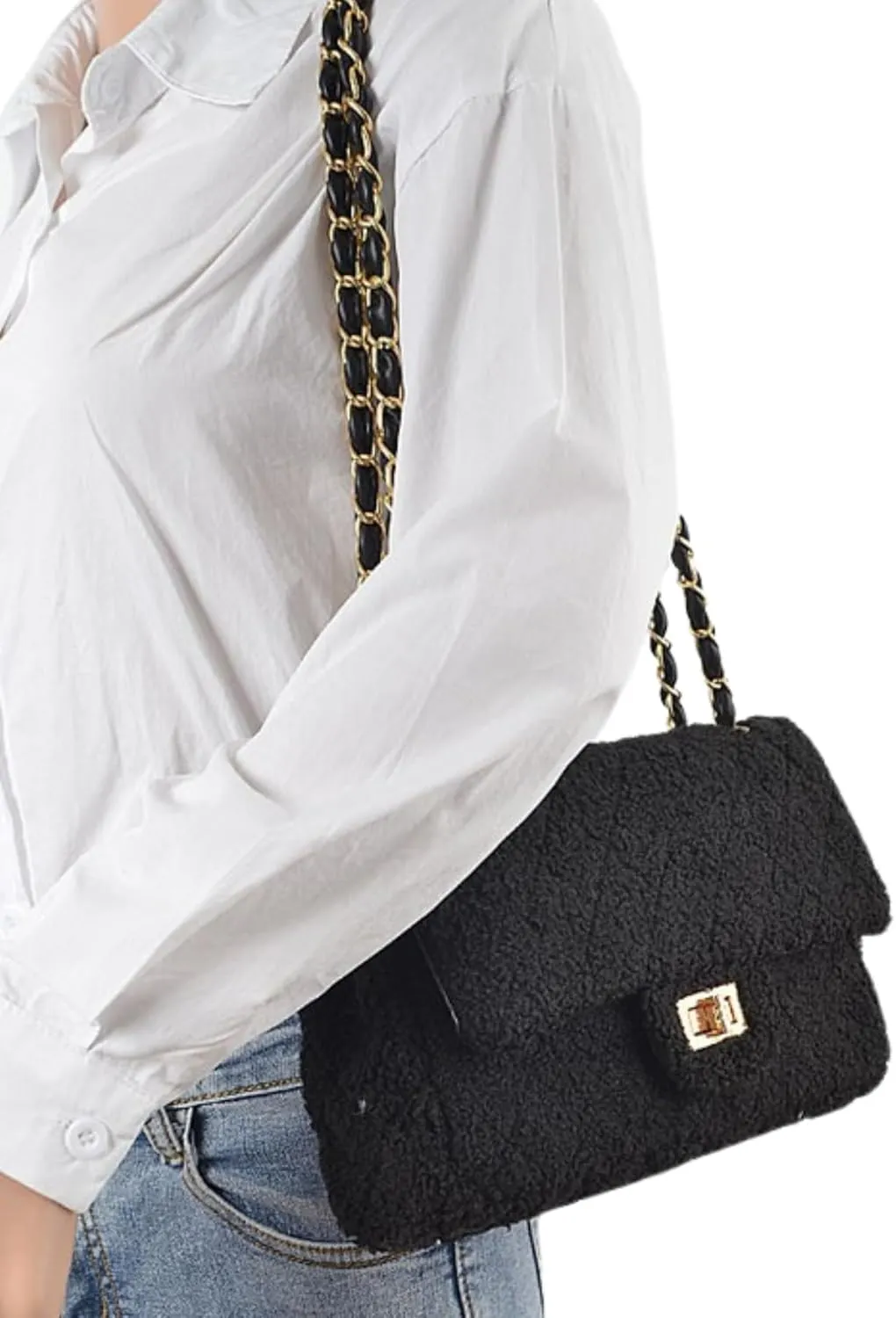 Quilted Faux Fur Shoulder Bag for Women Crossbody Bag Gold Chain Strap Flap Closure Soft Plush Texture Evening Bag