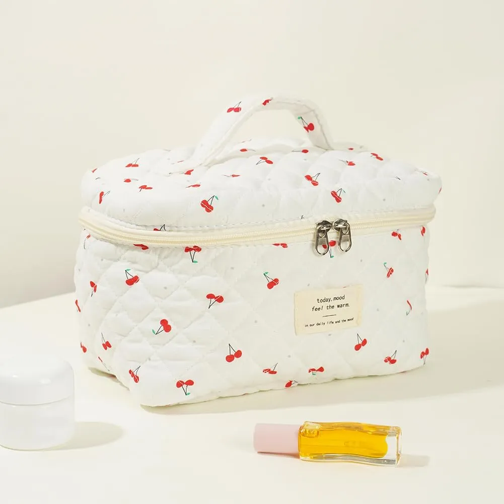Quilted Makeup Bag Set, Cute Makeup Bag, Cotton Floral Makeup Bag Set, Aesthetic Coquette Toiletrybag, for Travel Toiletry (cherry)