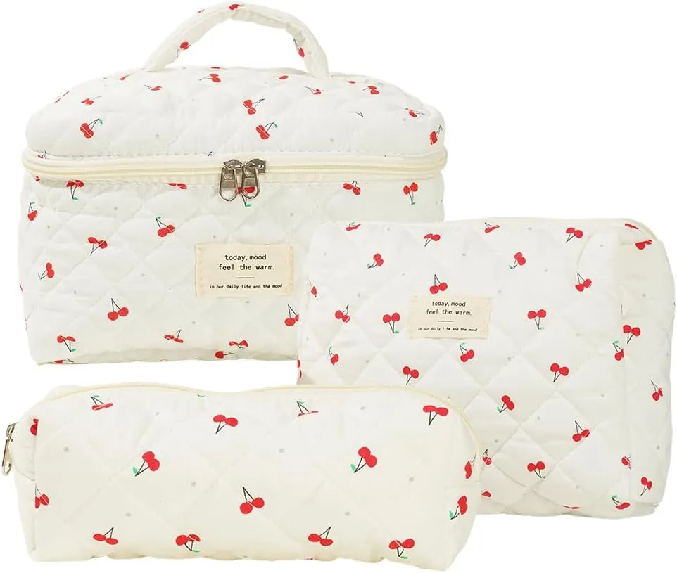 Quilted Makeup Bag Set, Cute Makeup Bag, Cotton Floral Makeup Bag Set, Aesthetic Coquette Toiletrybag, for Travel Toiletry (cherry)