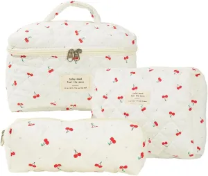 Quilted Makeup Bag Set, Cute Makeup Bag, Cotton Floral Makeup Bag Set, Aesthetic Coquette Toiletrybag, for Travel Toiletry (cherry)