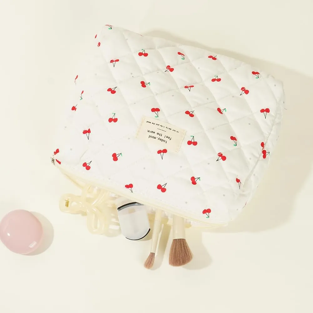Quilted Makeup Bag Set, Cute Makeup Bag, Cotton Floral Makeup Bag Set, Aesthetic Coquette Toiletrybag, for Travel Toiletry (cherry)