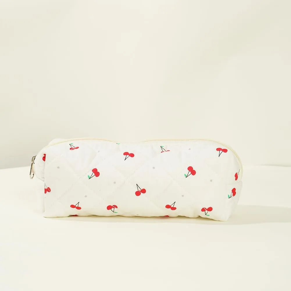 Quilted Makeup Bag Set, Cute Makeup Bag, Cotton Floral Makeup Bag Set, Aesthetic Coquette Toiletrybag, for Travel Toiletry (cherry)