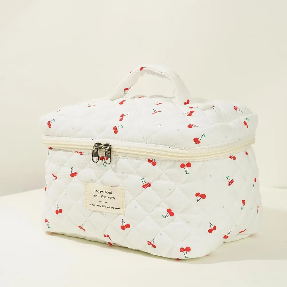 Quilted Makeup Bag Set, Cute Makeup Bag, Cotton Floral Makeup Bag Set, Aesthetic Coquette Toiletrybag, for Travel Toiletry (cherry)