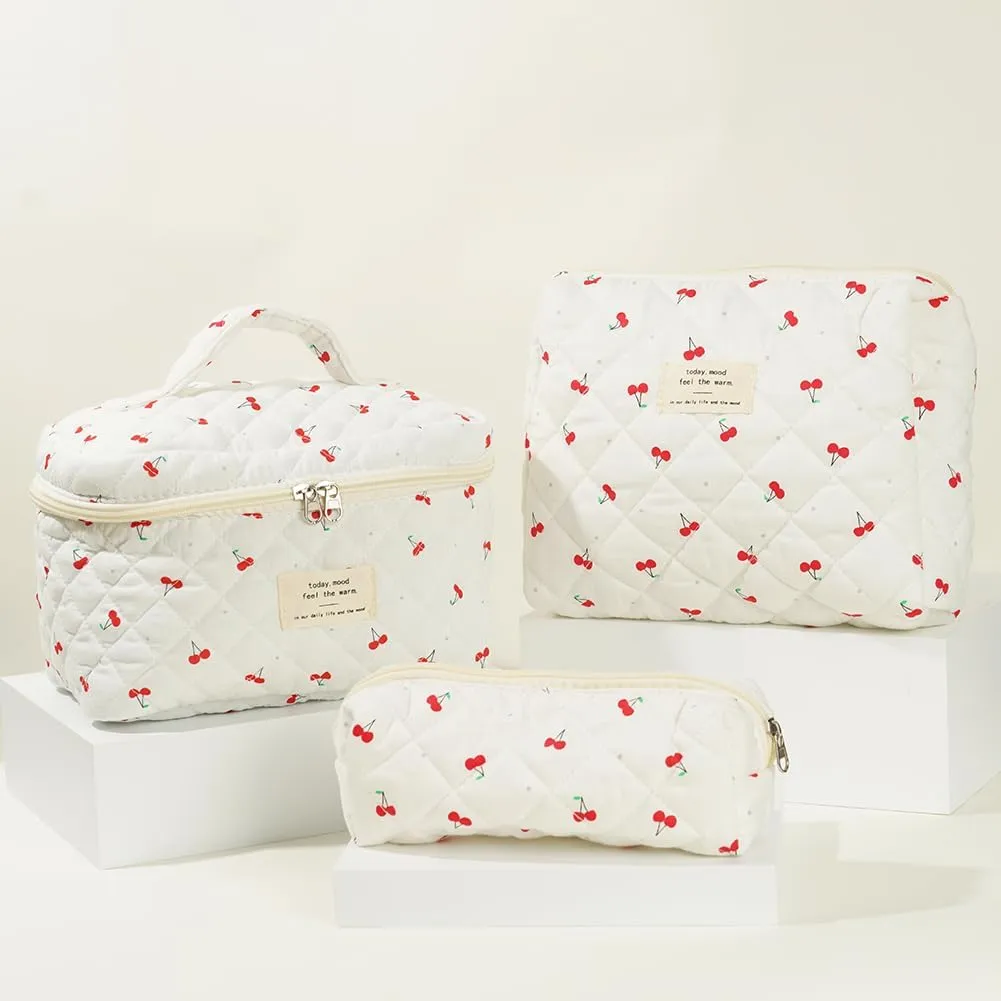 Quilted Makeup Bag Set, Cute Makeup Bag, Cotton Floral Makeup Bag Set, Aesthetic Coquette Toiletrybag, for Travel Toiletry (cherry)