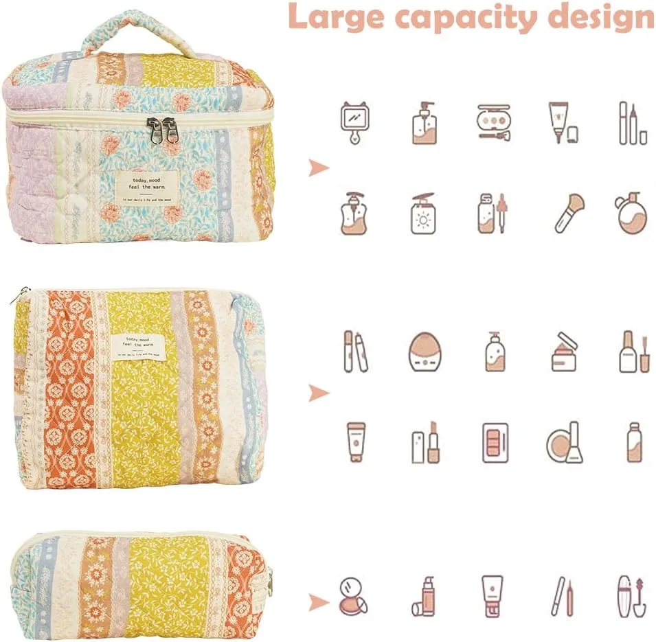 Quilted Makeup Bag Set, Cute Makeup Bag, Cotton Floral Makeup Bag Set, Aesthetic Coquette Toiletrybag, for Travel Toiletry (Patchwork)