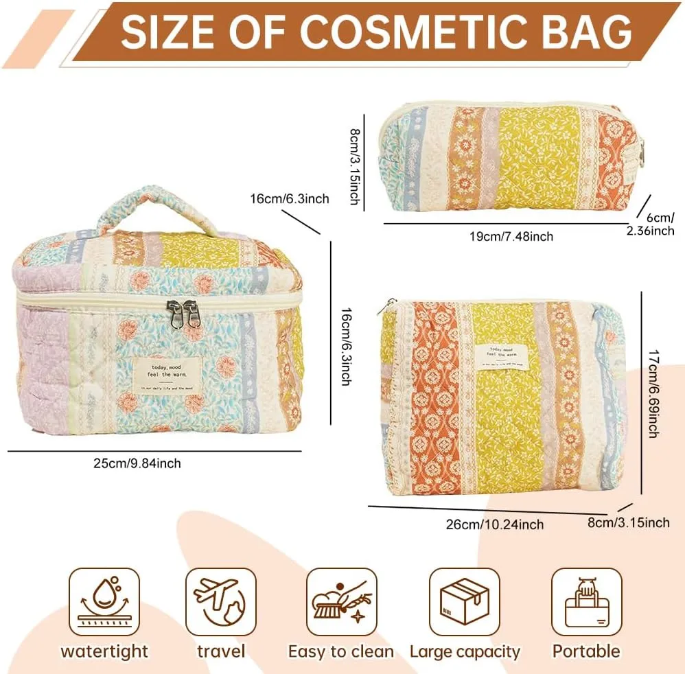 Quilted Makeup Bag Set, Cute Makeup Bag, Cotton Floral Makeup Bag Set, Aesthetic Coquette Toiletrybag, for Travel Toiletry (Patchwork)
