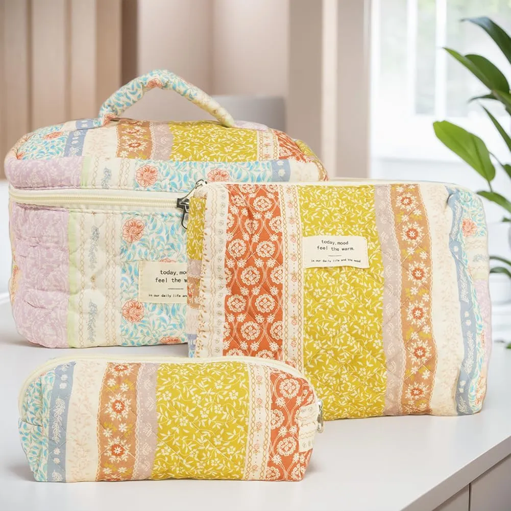 Quilted Makeup Bag Set, Cute Makeup Bag, Cotton Floral Makeup Bag Set, Aesthetic Coquette Toiletrybag, for Travel Toiletry (Patchwork)