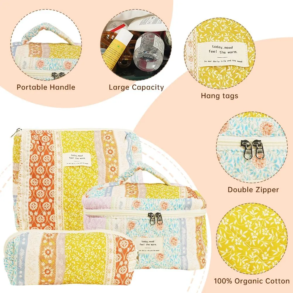 Quilted Makeup Bag Set, Cute Makeup Bag, Cotton Floral Makeup Bag Set, Aesthetic Coquette Toiletrybag, for Travel Toiletry (Patchwork)