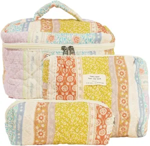 Quilted Makeup Bag Set, Cute Makeup Bag, Cotton Floral Makeup Bag Set, Aesthetic Coquette Toiletrybag, for Travel Toiletry (Patchwork)
