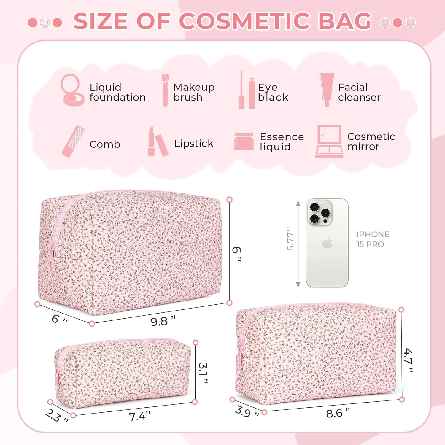 Quilted Makeup Bag Set,Large Floral Cosmetic Pouch For Women,Cute Cotton Brushes Storage Travel Toiletry Organizer Bags(Pink Floral)