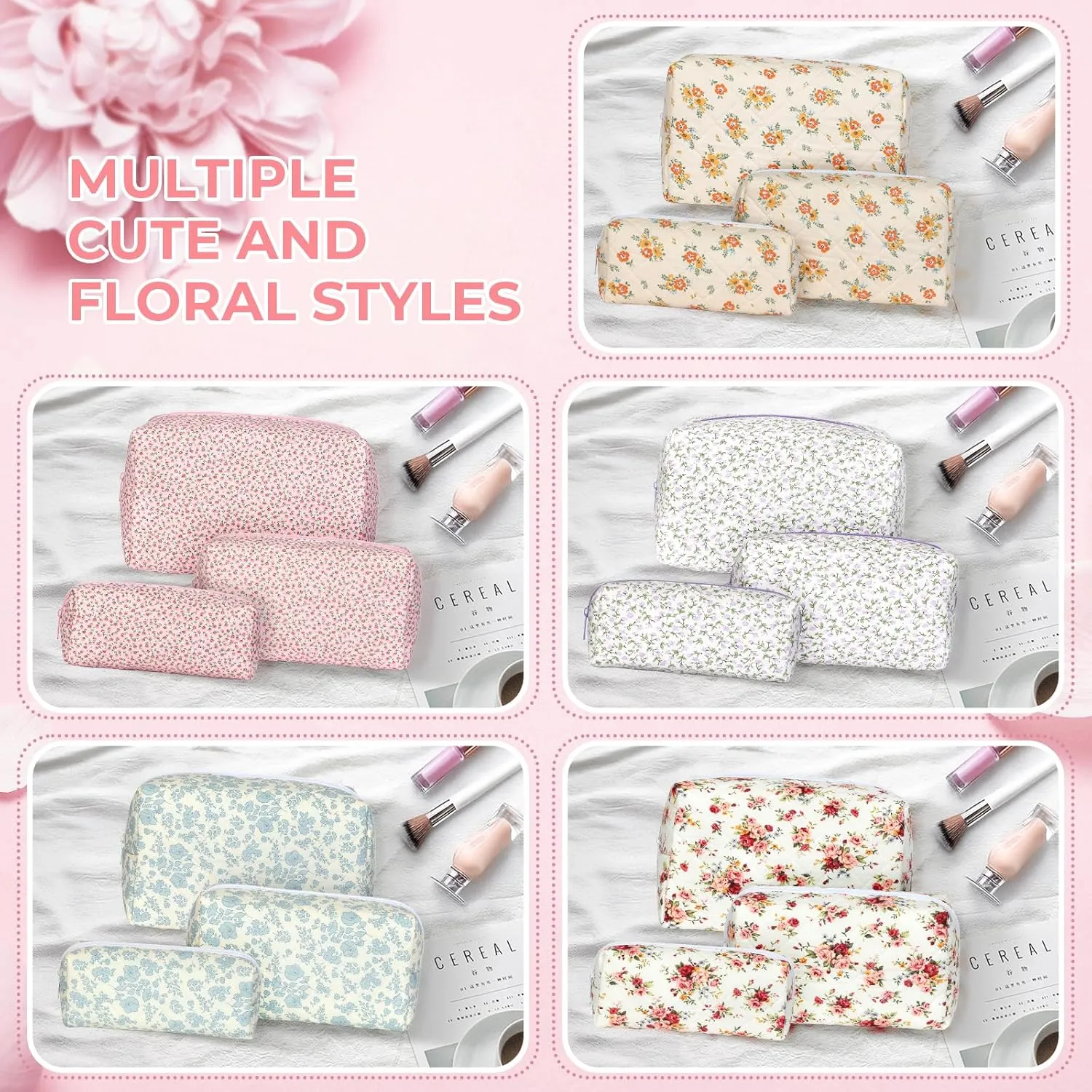 Quilted Makeup Bag Set,Large Floral Cosmetic Pouch For Women,Cute Cotton Brushes Storage Travel Toiletry Organizer Bags(Pink Floral)