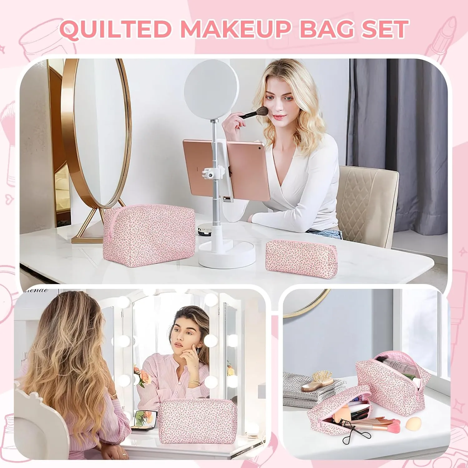 Quilted Makeup Bag Set,Large Floral Cosmetic Pouch For Women,Cute Cotton Brushes Storage Travel Toiletry Organizer Bags(Pink Floral)