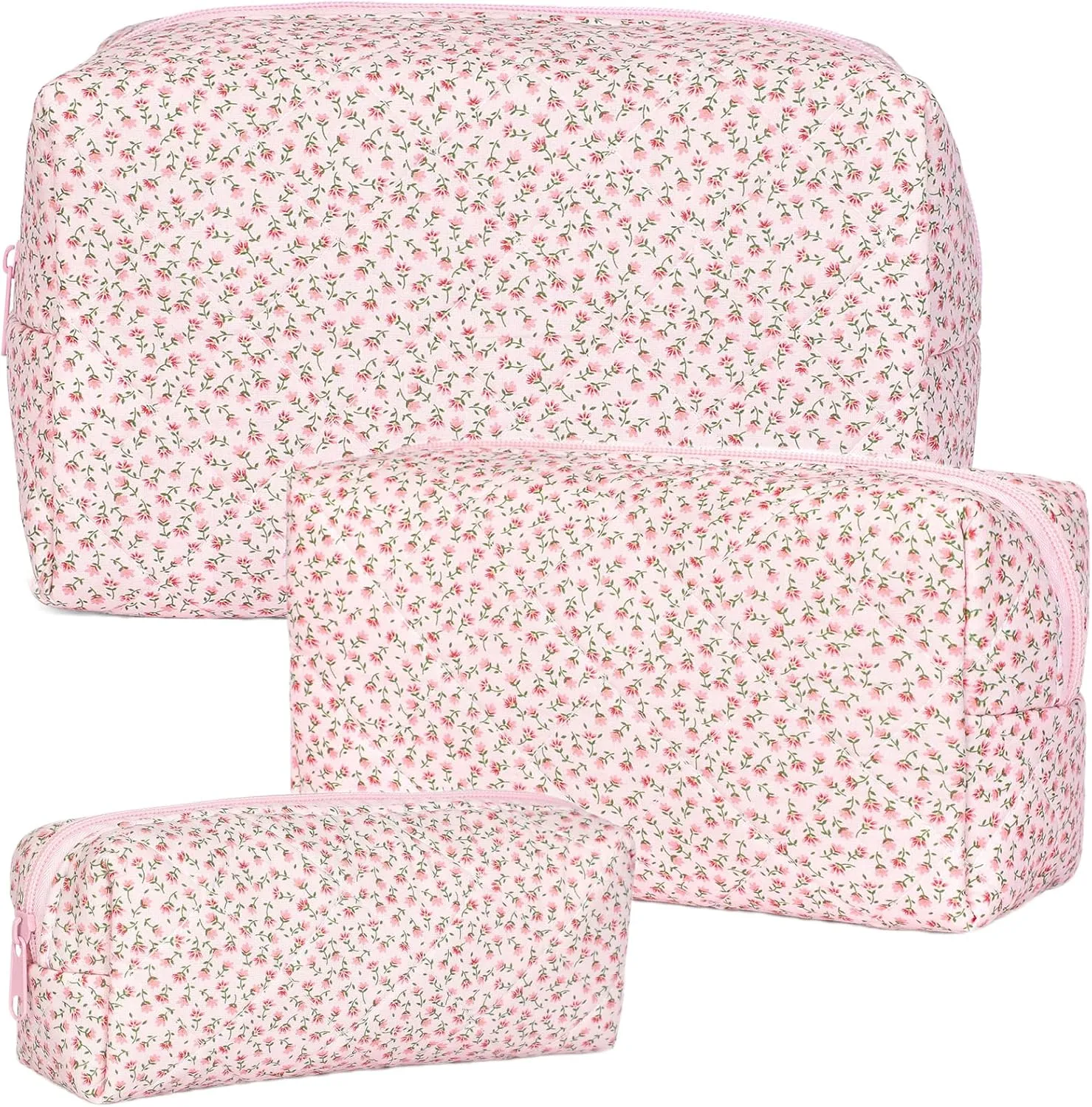 Quilted Makeup Bag Set,Large Floral Cosmetic Pouch For Women,Cute Cotton Brushes Storage Travel Toiletry Organizer Bags(Pink Floral)