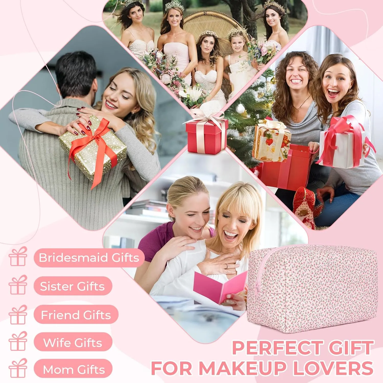 Quilted Makeup Bag Set,Large Floral Cosmetic Pouch For Women,Cute Cotton Brushes Storage Travel Toiletry Organizer Bags(Pink Floral)