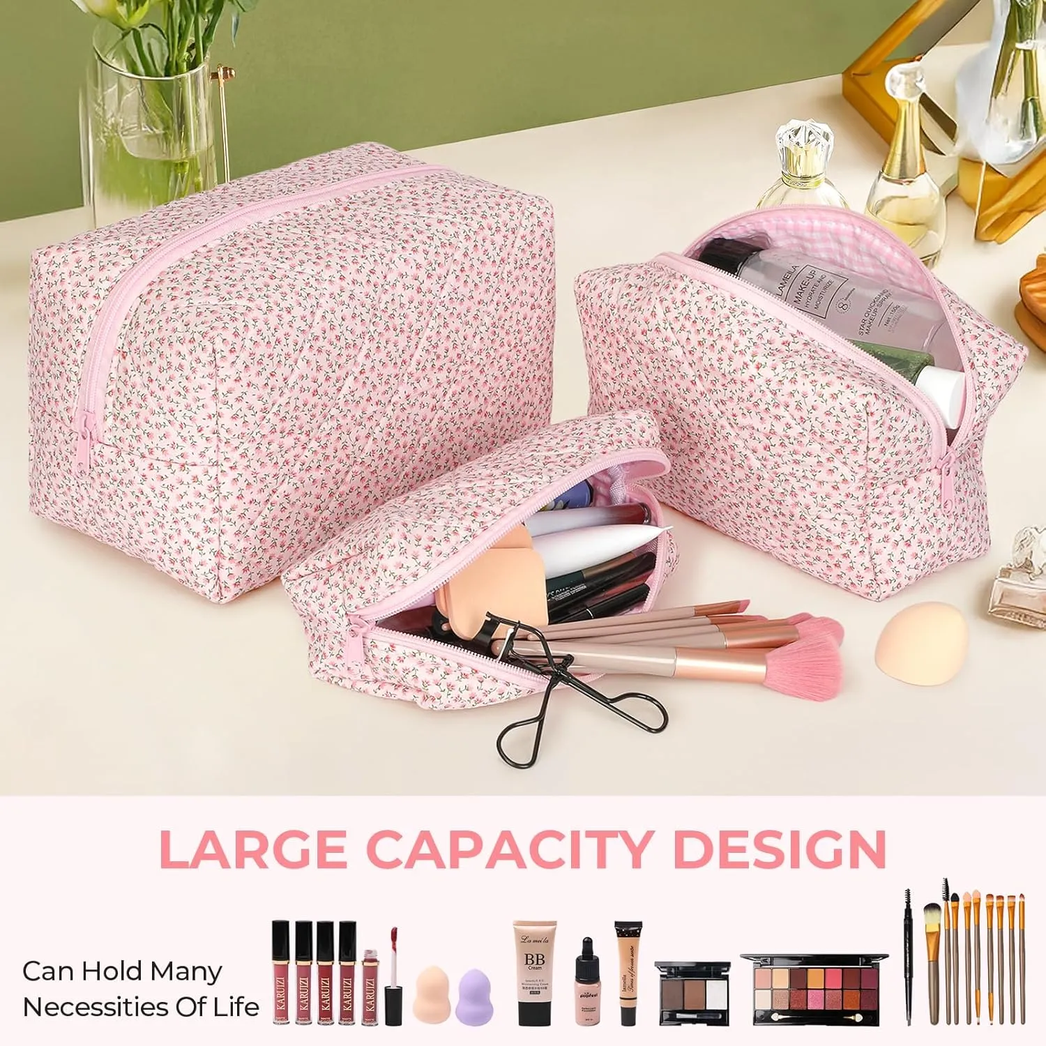 Quilted Makeup Bag Set,Large Floral Cosmetic Pouch For Women,Cute Cotton Brushes Storage Travel Toiletry Organizer Bags(Pink Floral)