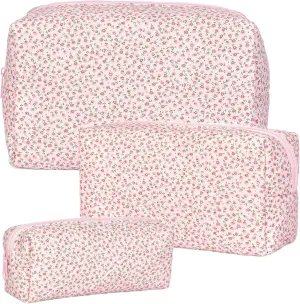 Quilted Makeup Bag Set,Large Floral Cosmetic Pouch For Women,Cute Cotton Brushes Storage Travel Toiletry Organizer Bags(Pink Floral)