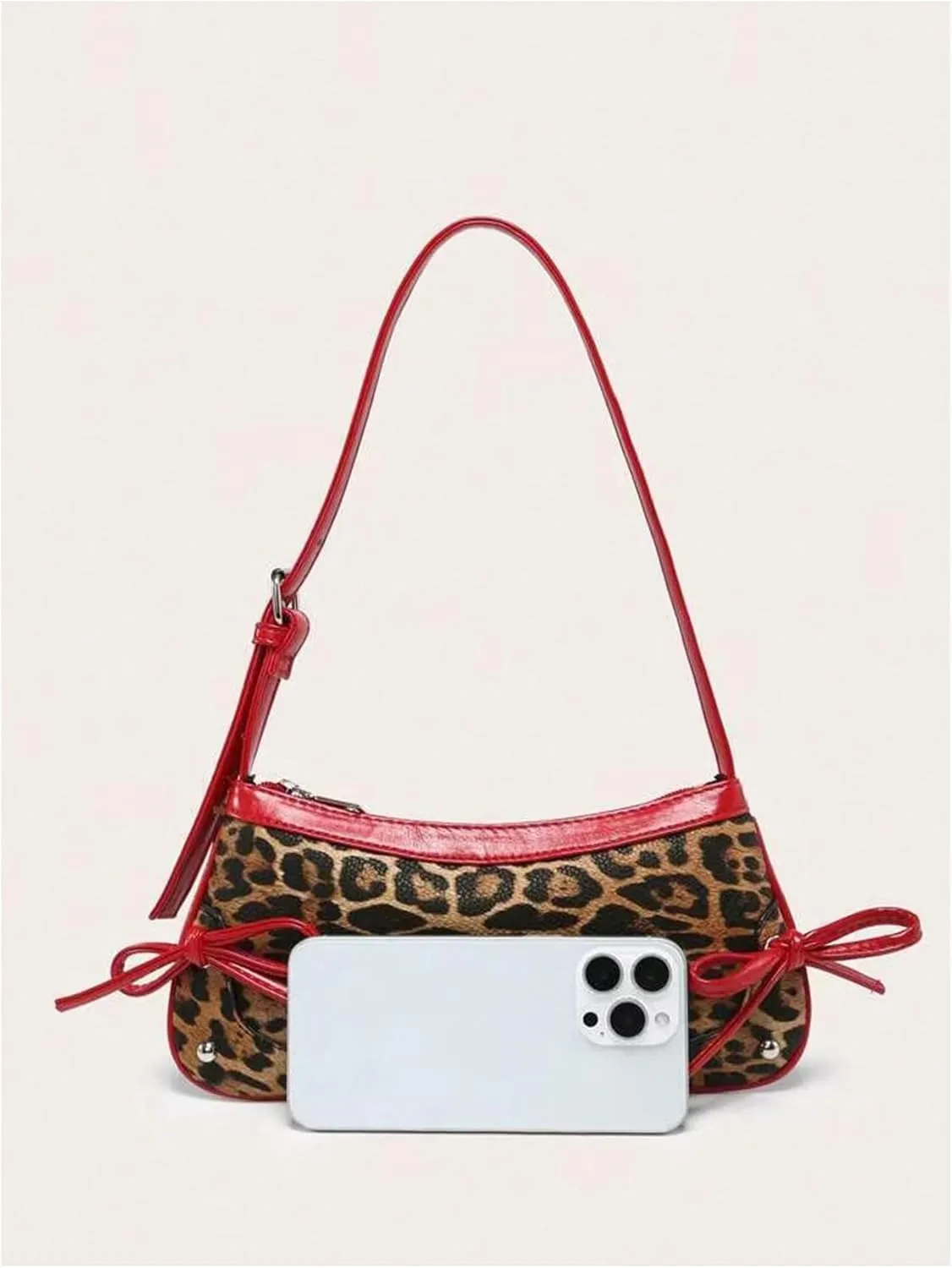 QWINEE Women's Bow Knot Leopard Print Shoulder Bag Zipper Faux Leather Underarm Purse with Adjustable Strap