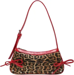 QWINEE Women's Bow Knot Leopard Print Shoulder Bag Zipper Faux Leather Underarm Purse with Adjustable Strap