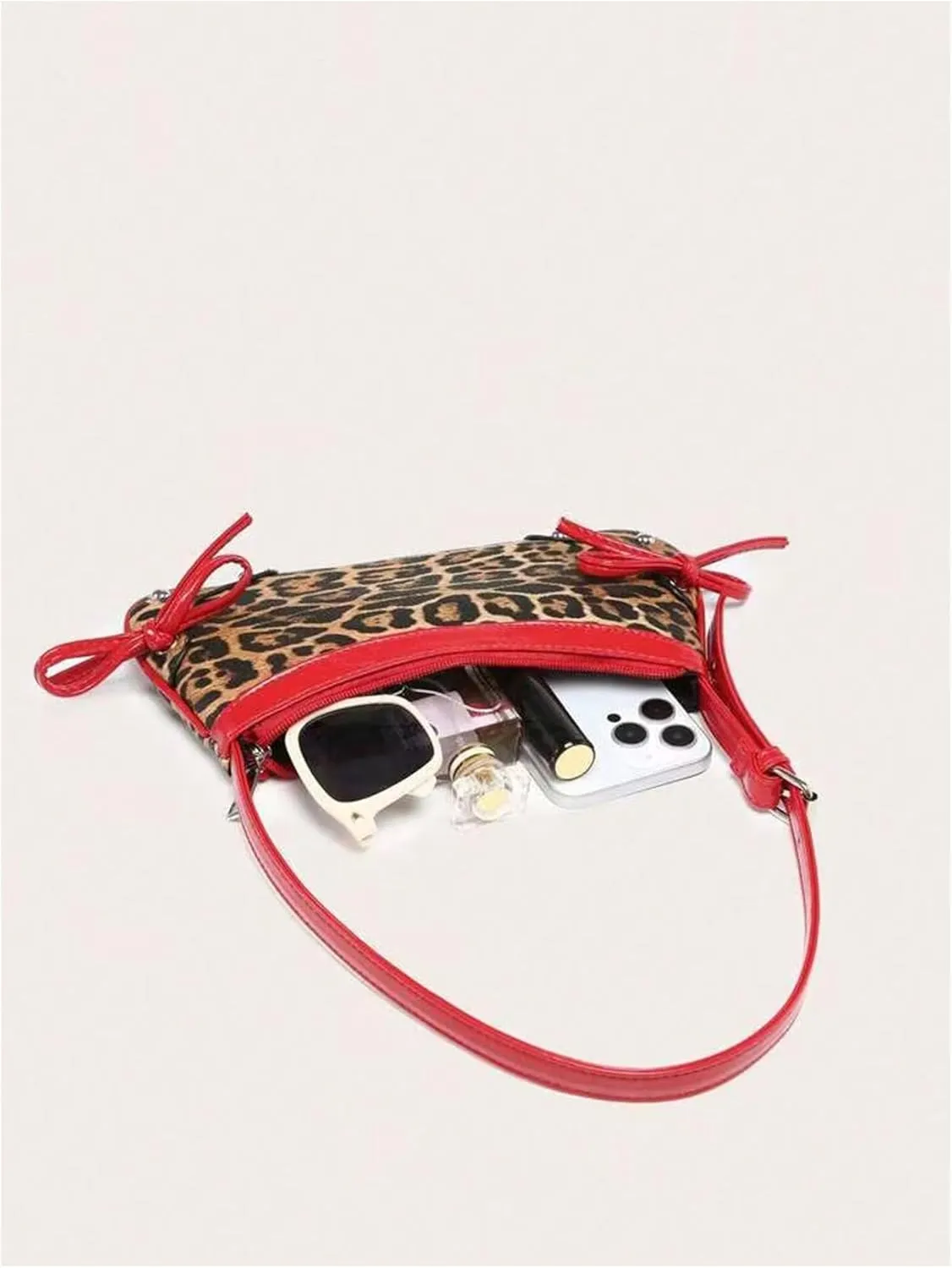 QWINEE Women's Bow Knot Leopard Print Shoulder Bag Zipper Faux Leather Underarm Purse with Adjustable Strap