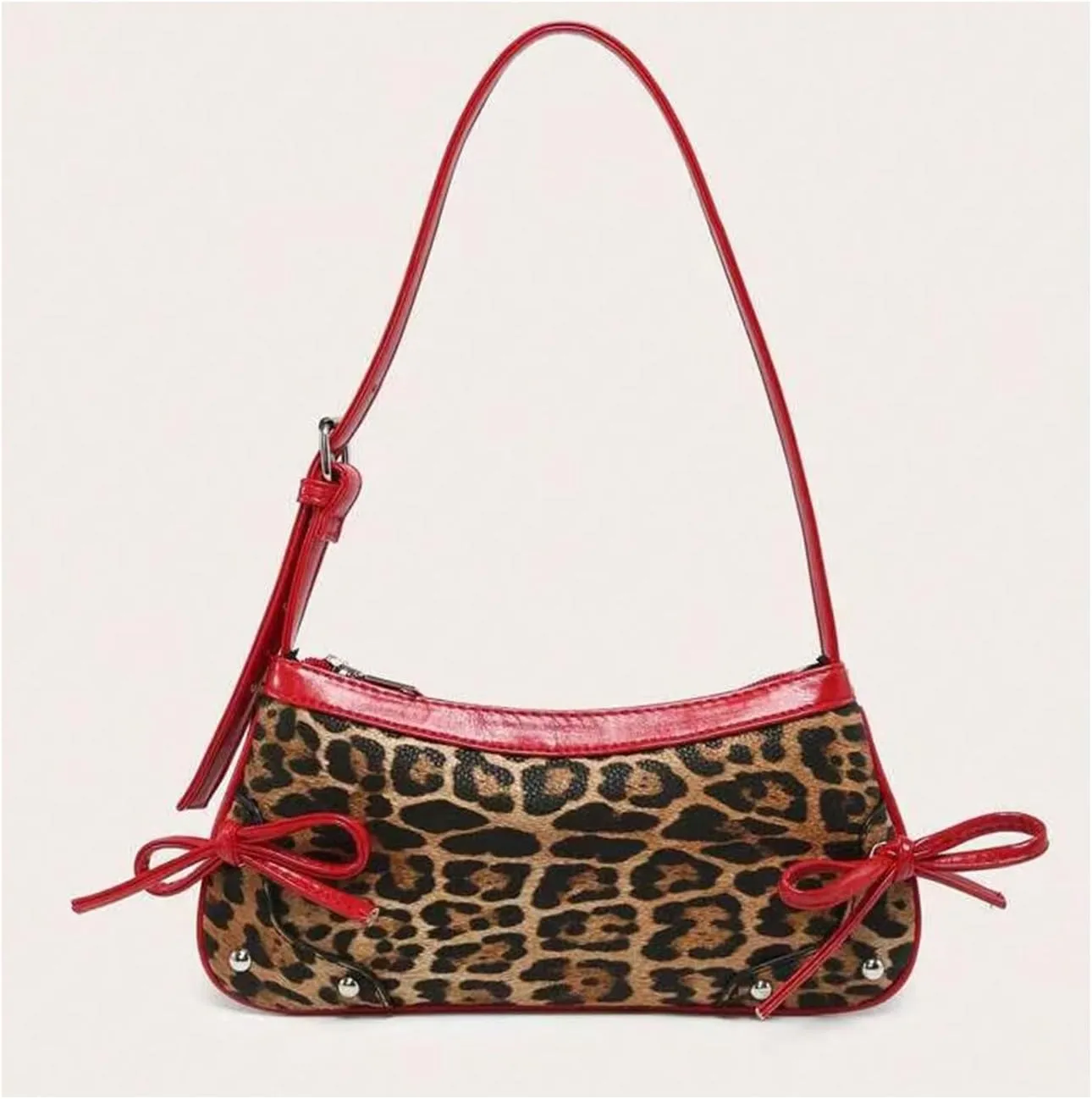 QWINEE Women's Bow Knot Leopard Print Shoulder Bag Zipper Faux Leather Underarm Purse with Adjustable Strap