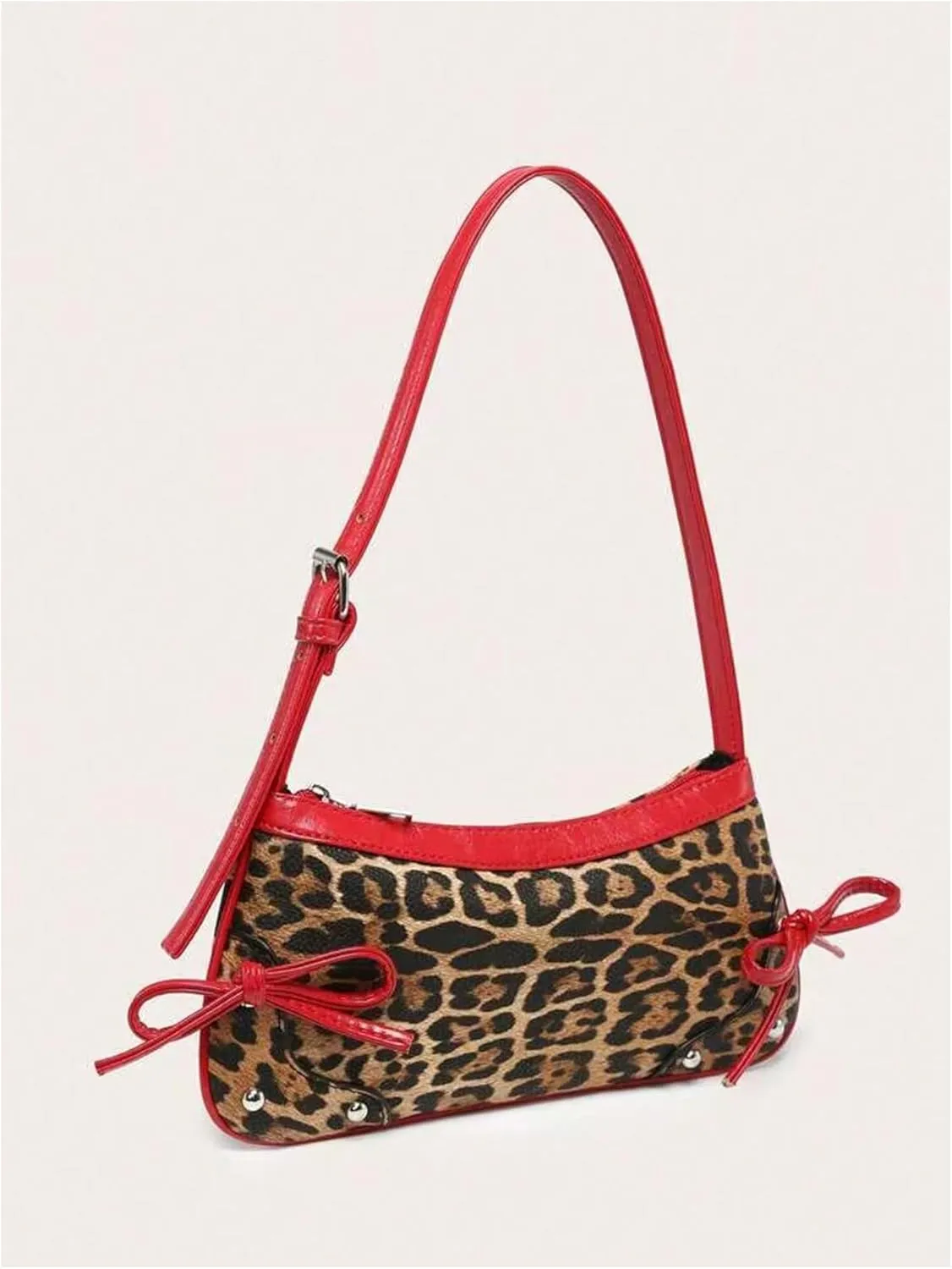 QWINEE Women's Bow Knot Leopard Print Shoulder Bag Zipper Faux Leather Underarm Purse with Adjustable Strap