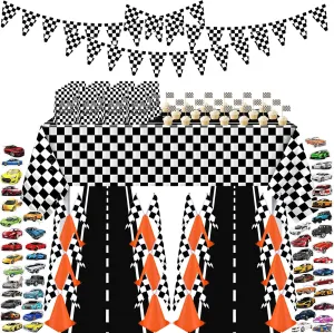 Racing Party Decoration Includes Traffic Cones Checkered Flags Tablecloth Balloons Triangle Banner Racetrack Floor Runner Cupcakes Topper Goodie Bags Racing Stickers for Car Birthday Party Supplies
