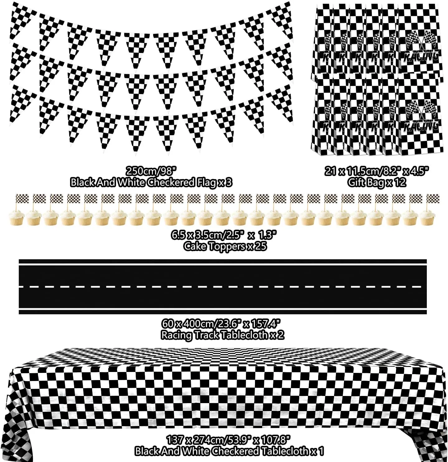 Racing Party Decoration Includes Traffic Cones Checkered Flags Tablecloth Balloons Triangle Banner Racetrack Floor Runner Cupcakes Topper Goodie Bags Racing Stickers for Car Birthday Party Supplies