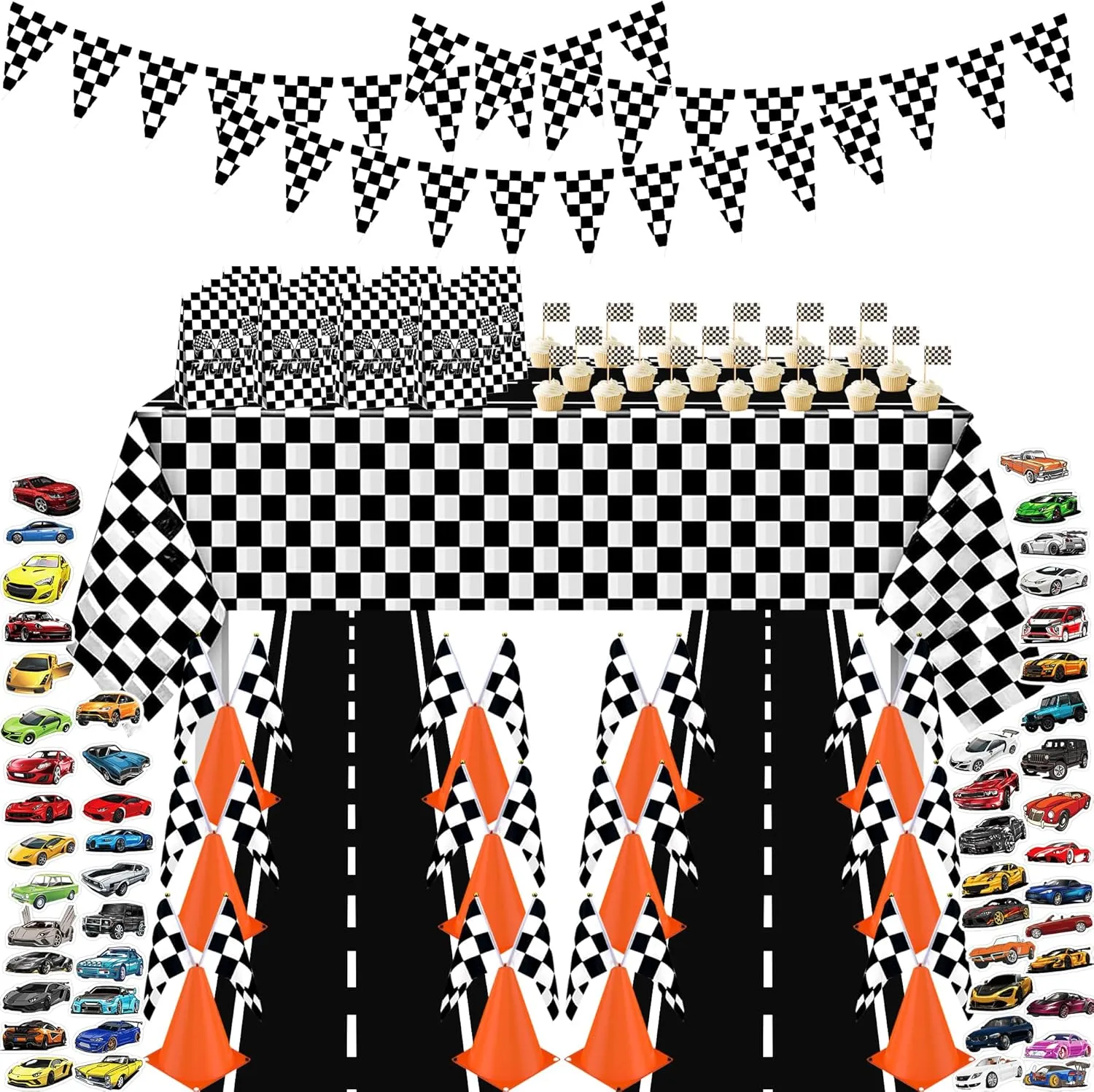 Racing Party Decoration Includes Traffic Cones Checkered Flags Tablecloth Balloons Triangle Banner Racetrack Floor Runner Cupcakes Topper Goodie Bags Racing Stickers for Car Birthday Party Supplies