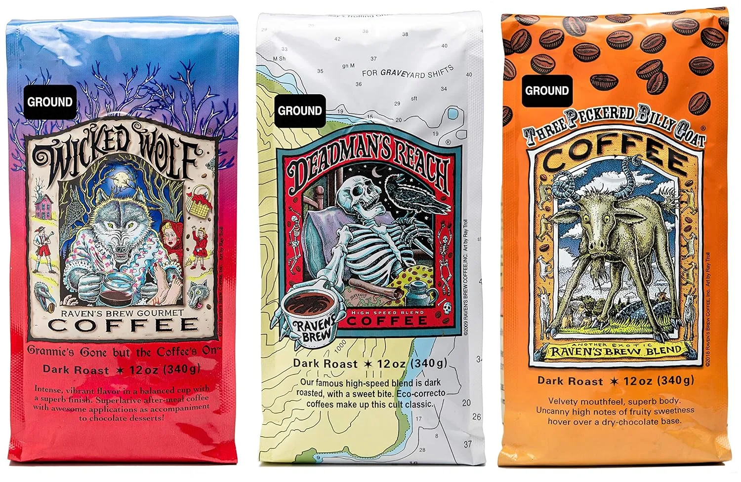 Raven's Brew Ground Variety Pack - 3 Delicious Flavors - Wicked Wolf, Three Peckered Billy Goat and Deadman's Reach - 12 oz each