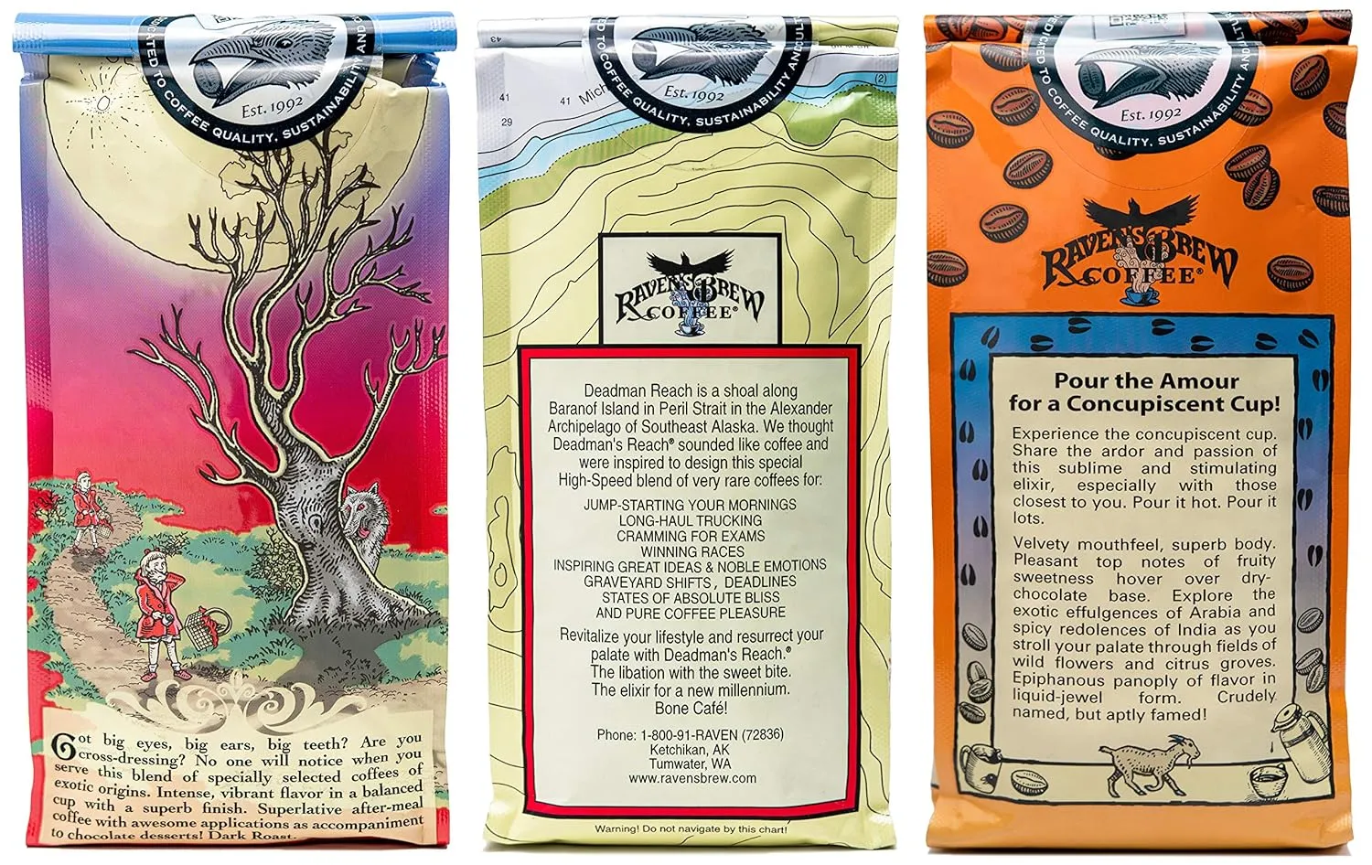 Raven's Brew Ground Variety Pack - 3 Delicious Flavors - Wicked Wolf, Three Peckered Billy Goat and Deadman's Reach - 12 oz each